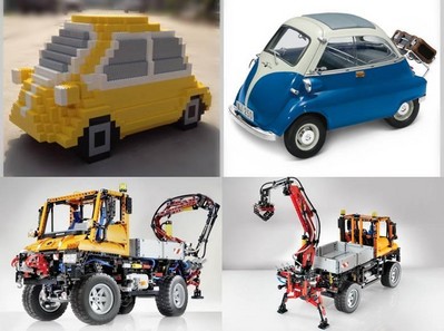上圖為樂高按1:3比例拼搭的寶馬經(jīng)典微車 Isetta，下圖為樂高拼砌的奔馳 Unimog U 400工程車。